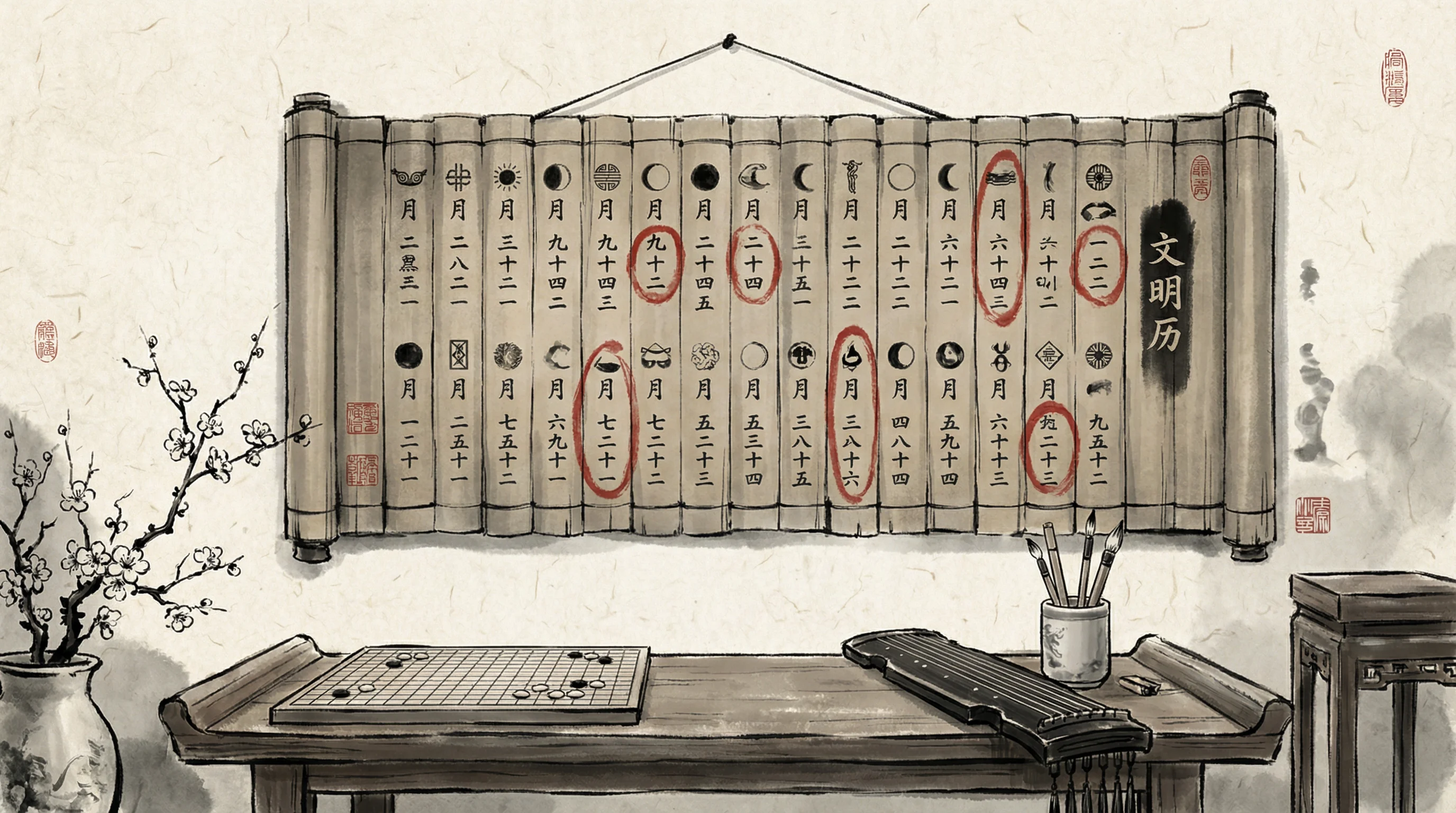 南宫体育古代文化活动日历水墨画