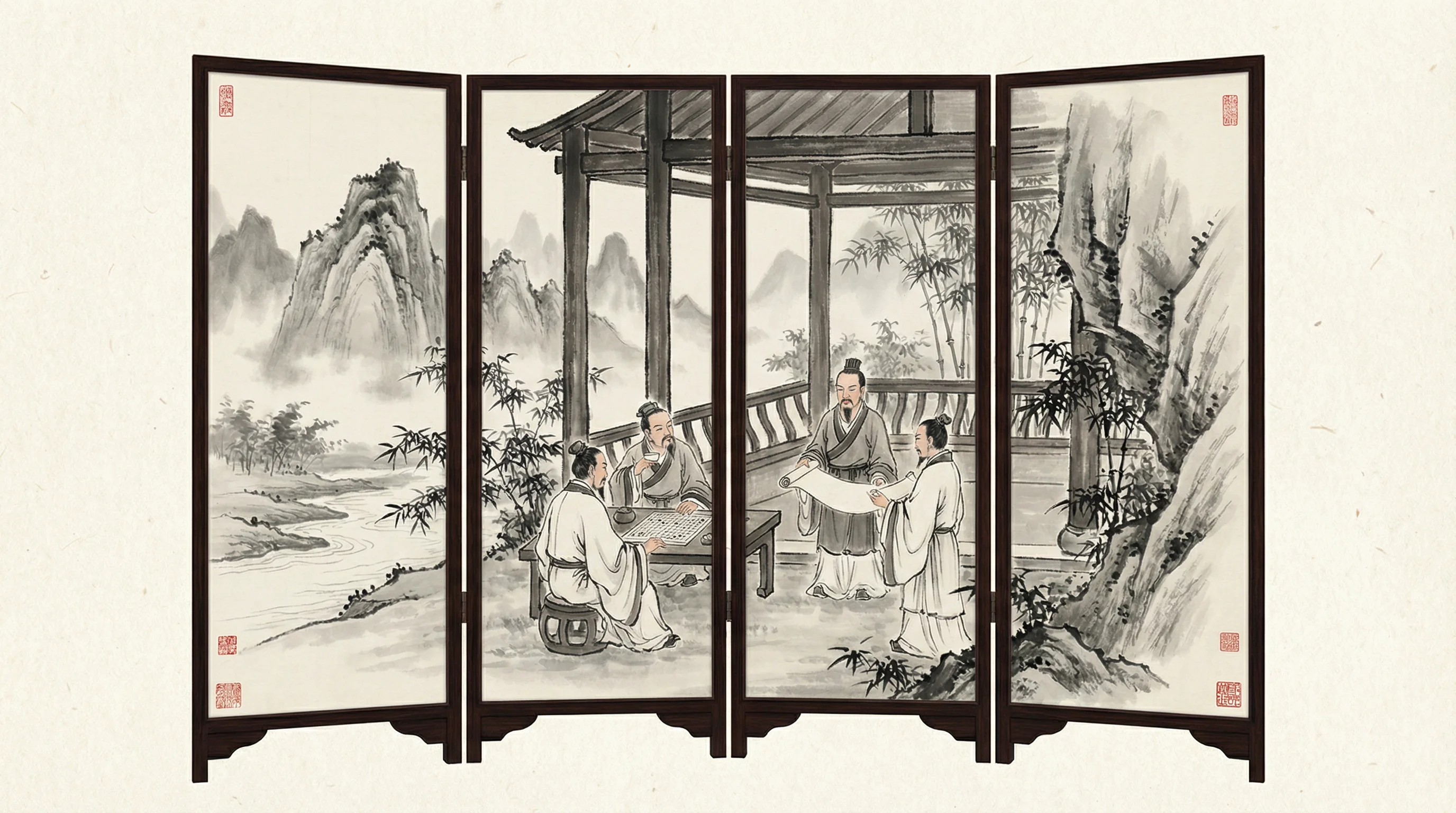 南宫体育围棋哲学屏风水墨画