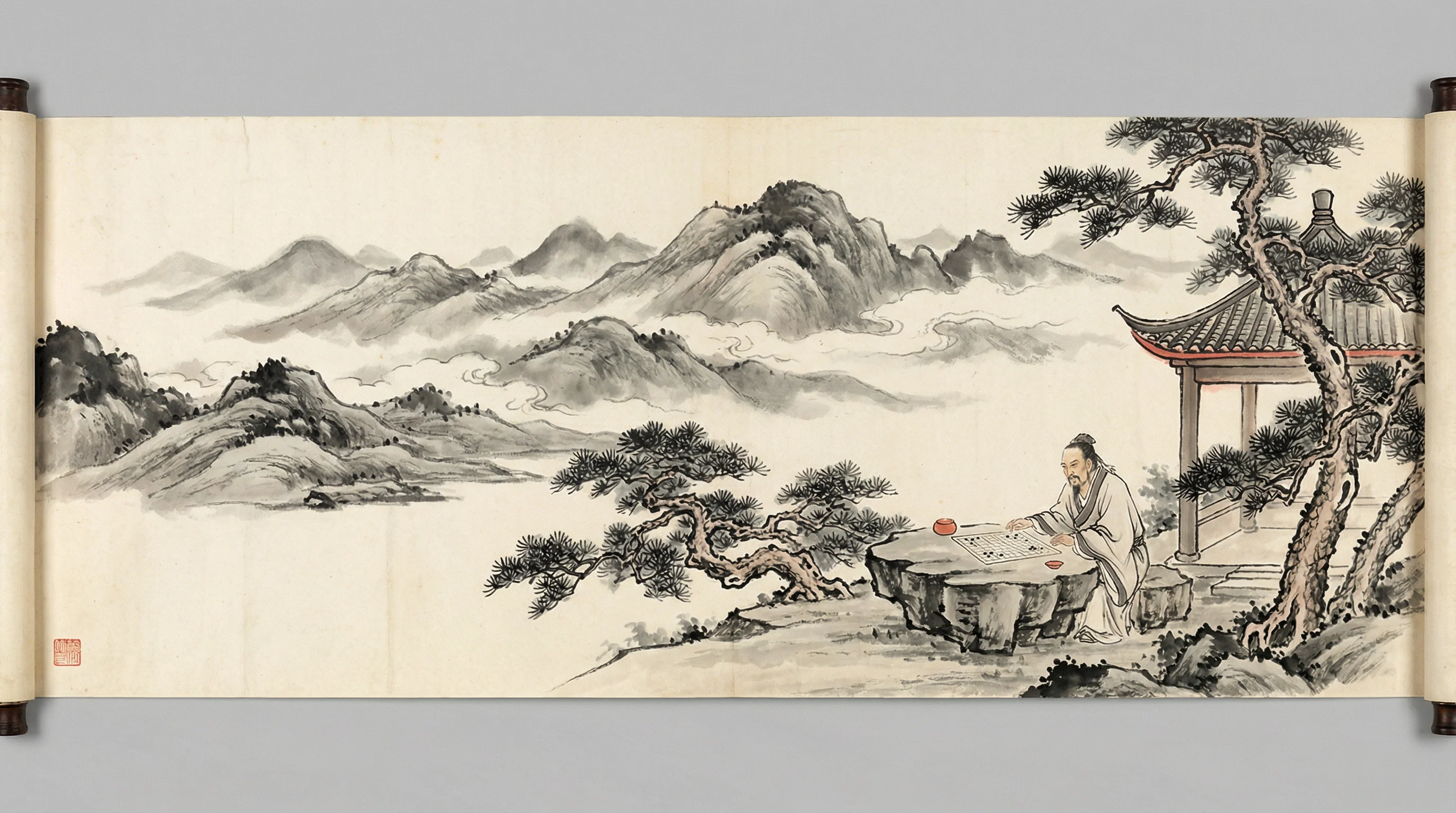 南宫体育书法卷轴山水水墨画