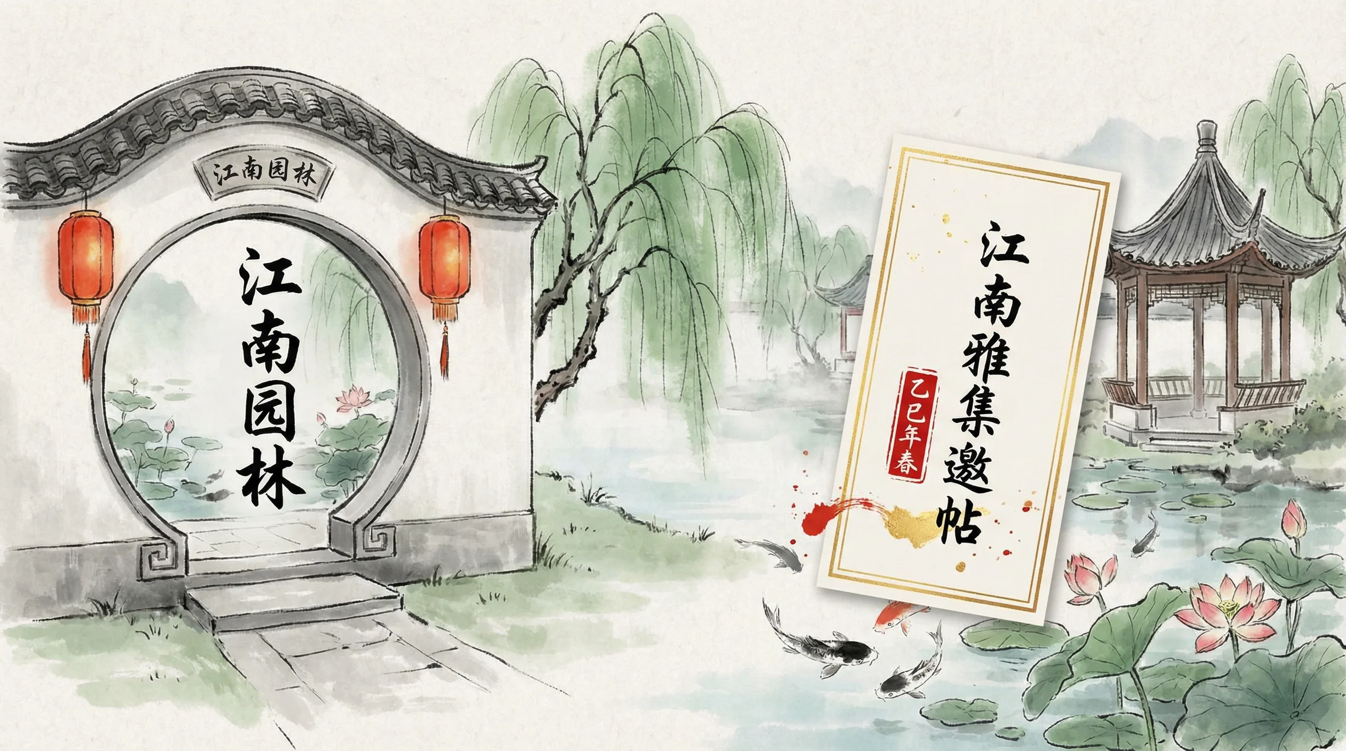 南宫体育江南园林麻将雅集水墨画