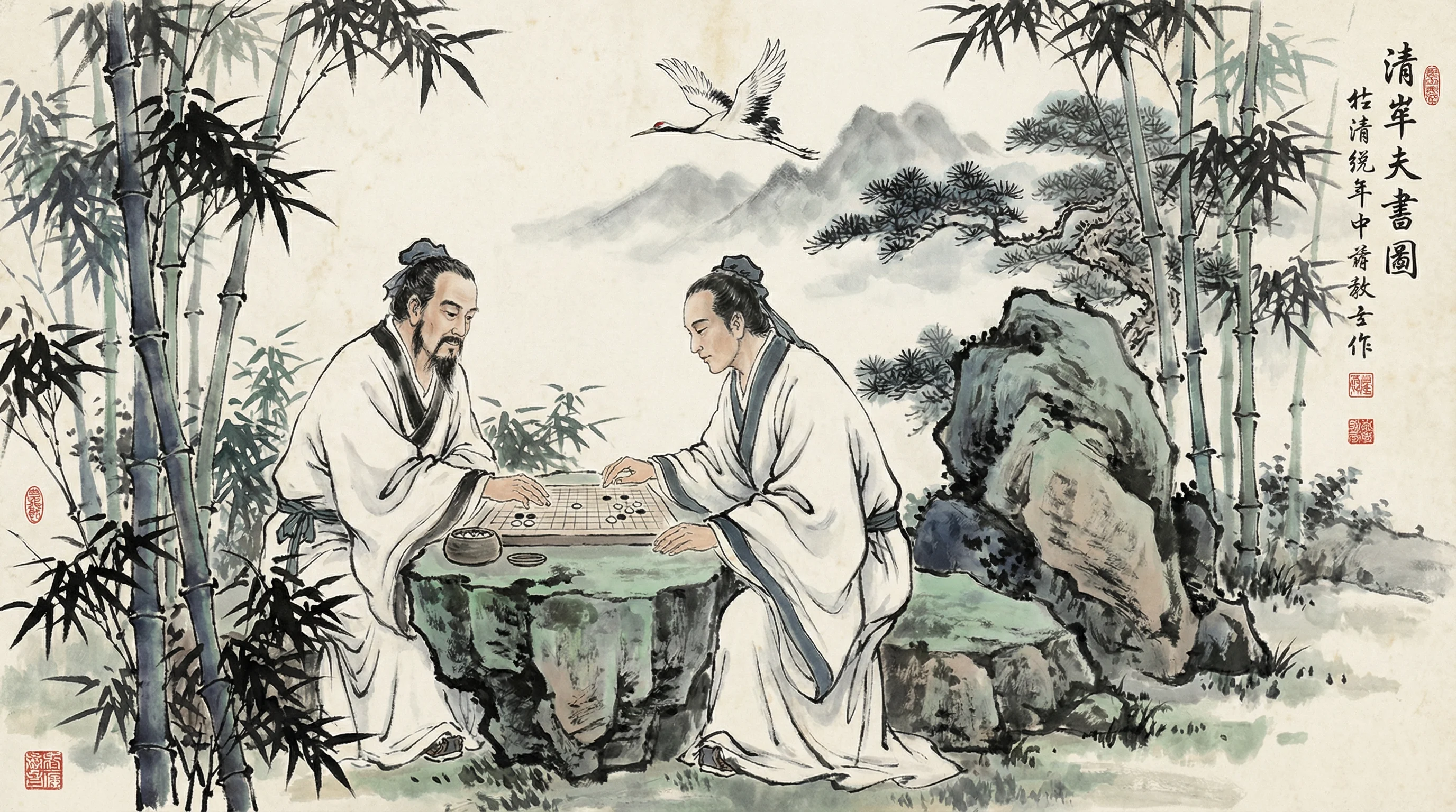 南宫体育围棋对弈水墨画